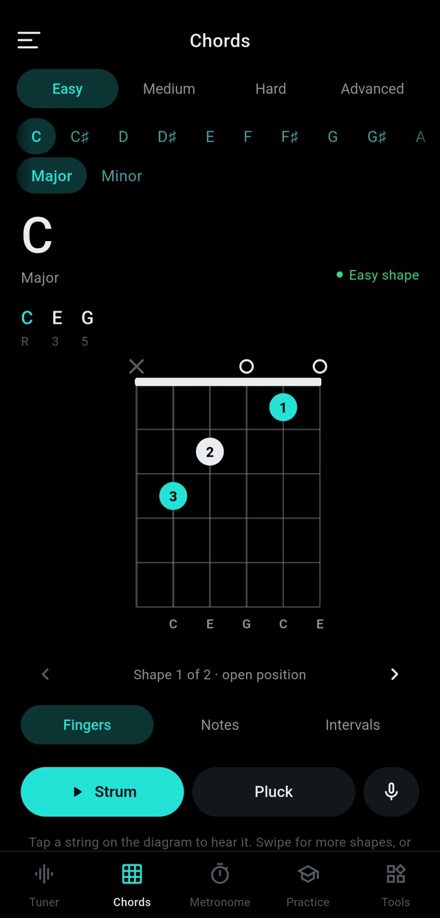 C major chord diagram on the Easy level