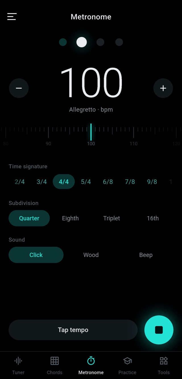 Metronome running at 100 BPM