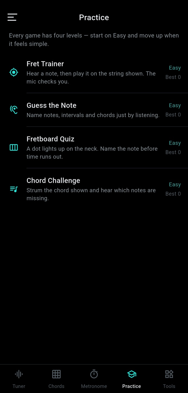 Practice screen with four games and levels