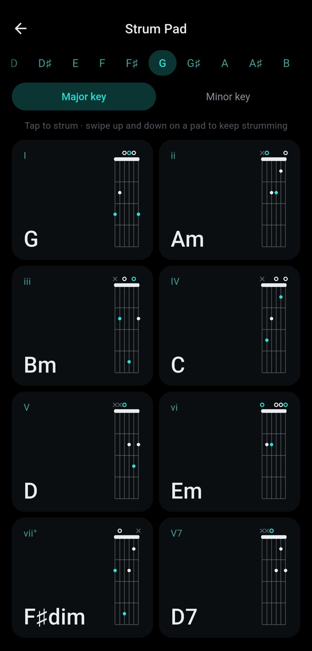 Strum Pad with chords in the key of G
