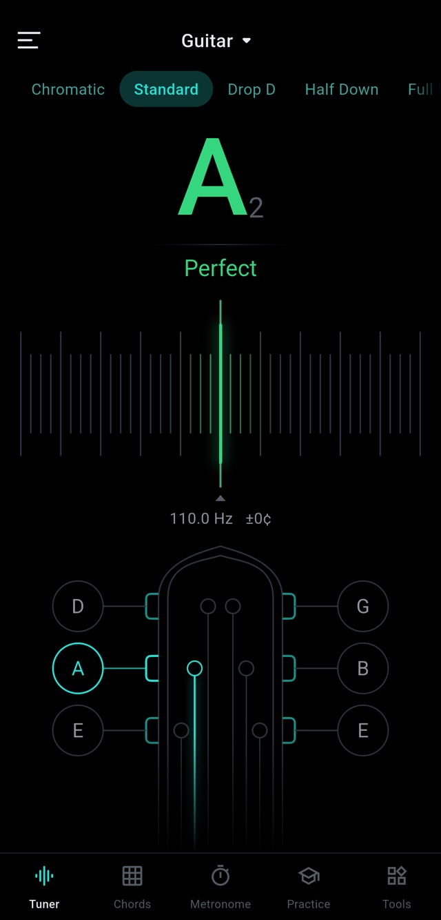 Learn Fret tuner showing the A string perfectly in tune at 110.0 Hz